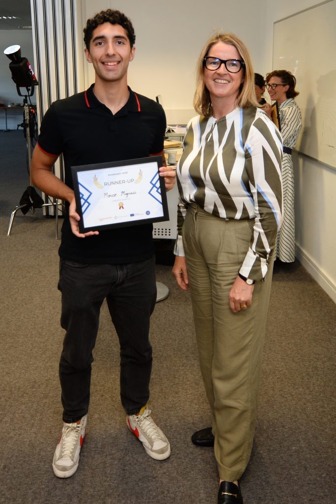 Runner-up of the final pitch day, Marco Migueis with Rachel Gallagher, Enterprise and Innovation Manager at IADT